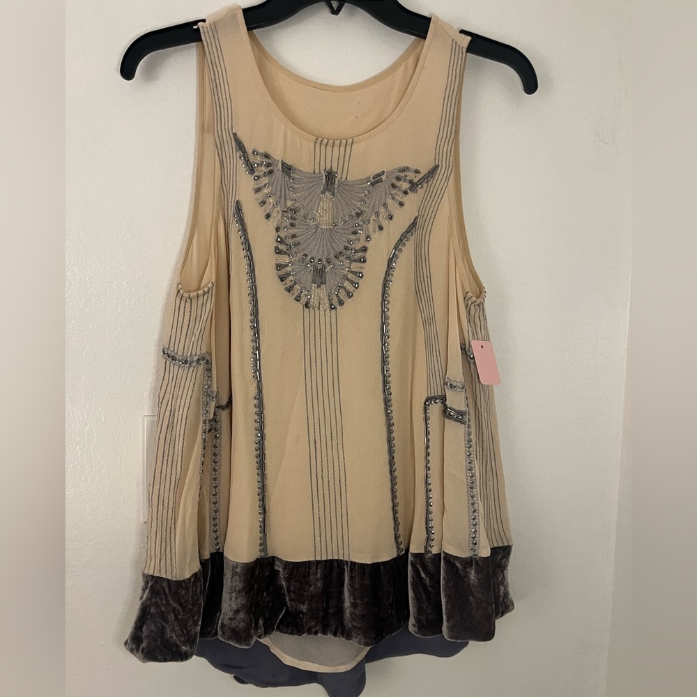 Anthropologie Cream and Gray Embellished Blouse
